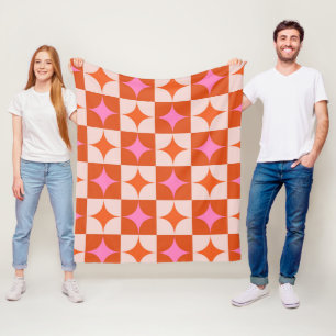 Chequered Pink Orange Mid Century Starbursts Fleece Blanket