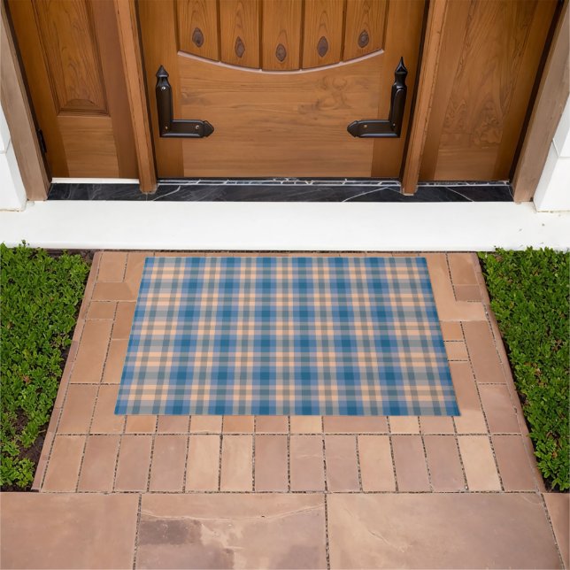 Chequered Plaid Beige Blue Grey And Peach Doormat (Outdoor)