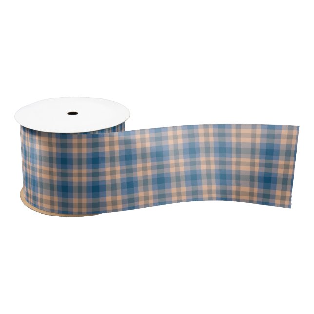 Chequered Plaid Beige Blue Grey And Peach Satin Ribbon (Spool)