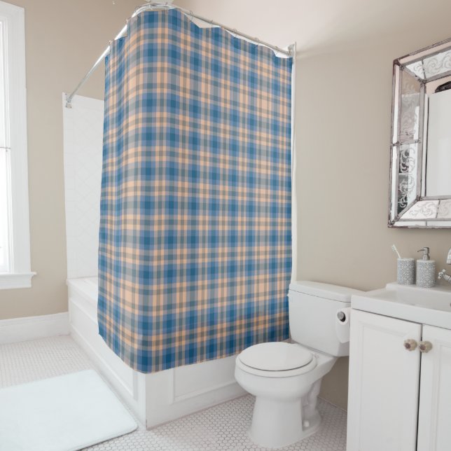 Chequered Plaid Beige Blue Grey And Peach Shower Curtain (In Situ)