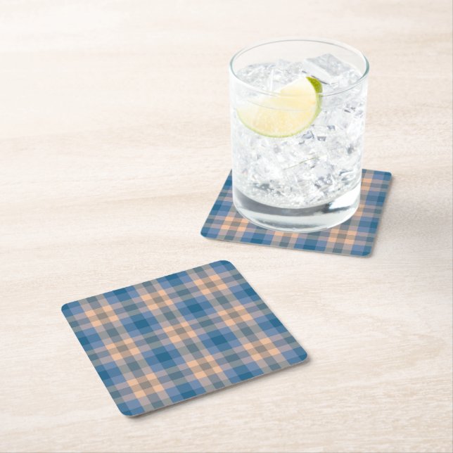 Chequered Plaid Beige Blue Grey And Peach Square Paper Coaster (Insitu)