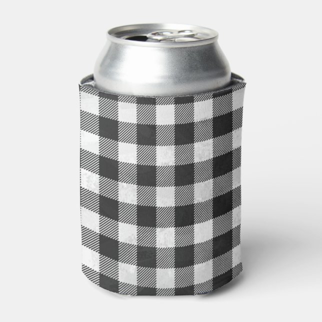 Chequered Plaid Black And White Can Cooler (Can Front)