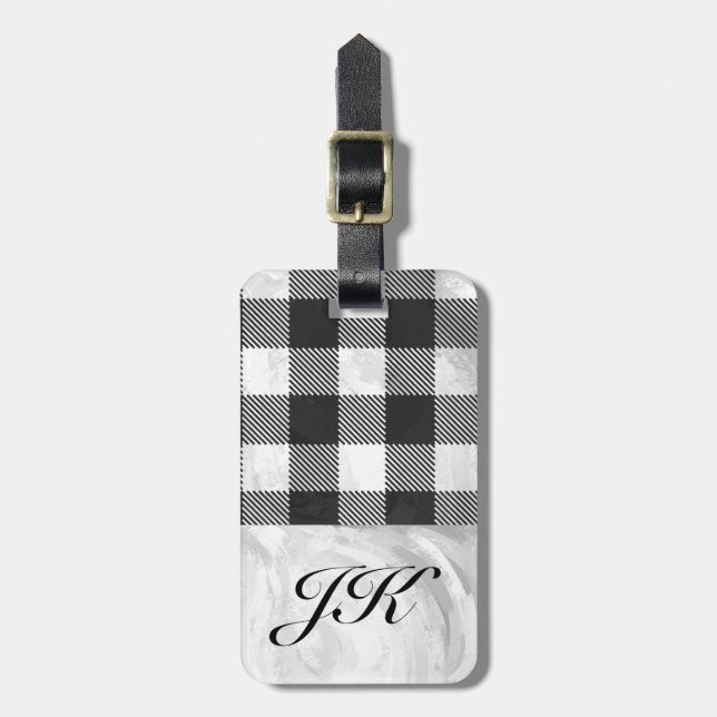 Chequered Plaid Black And White Luggage Tag (Front Vertical)