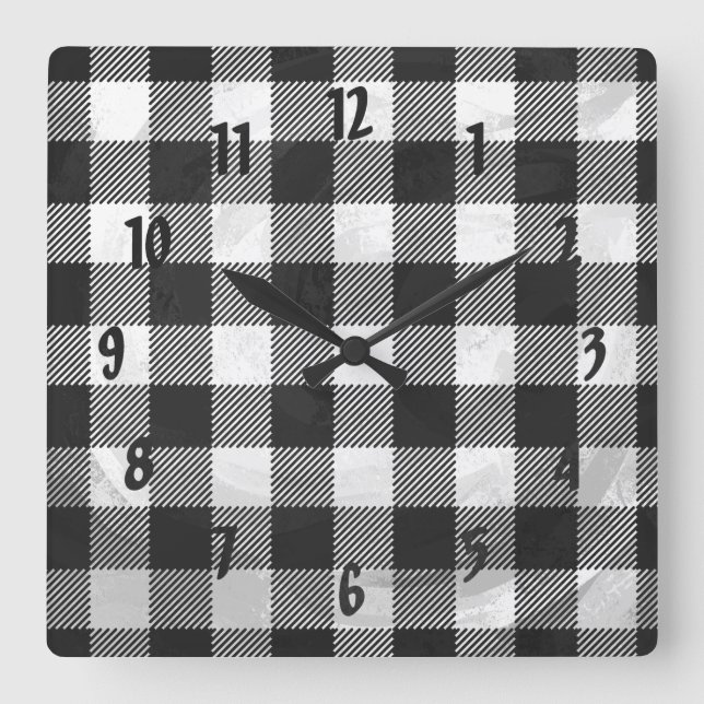 Chequered Plaid Black And White Square Wall Clock (Front)