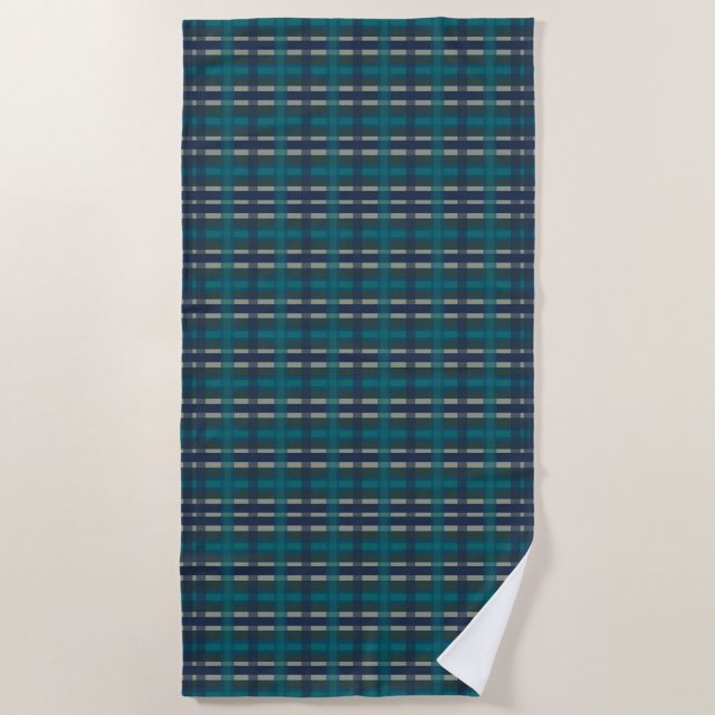 Chequered Plaid Blue Green Purple And Turquoise Beach Towel (Front)