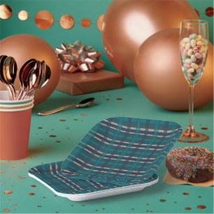 Chequered Plaid Blue Green Purple And Turquoise Paper Plate