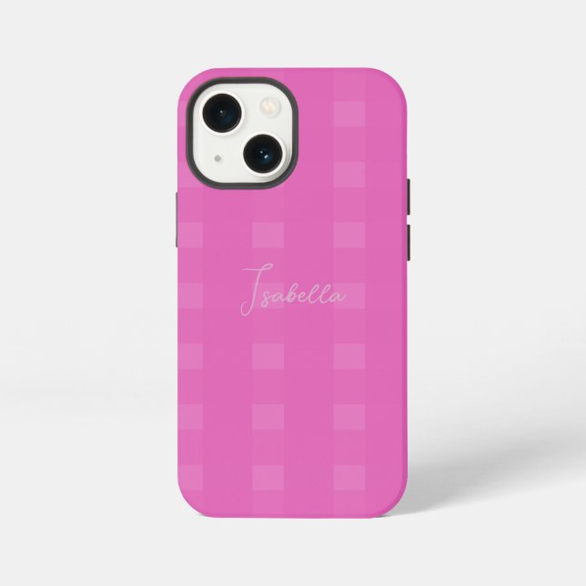 Chequered Plaid Pattern Add Name or Initials Pink iPhone Case (Back)