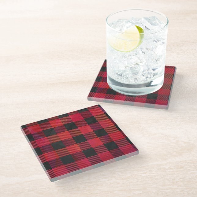 Chequered Plaid Red and Black Glass Coaster (Angled)