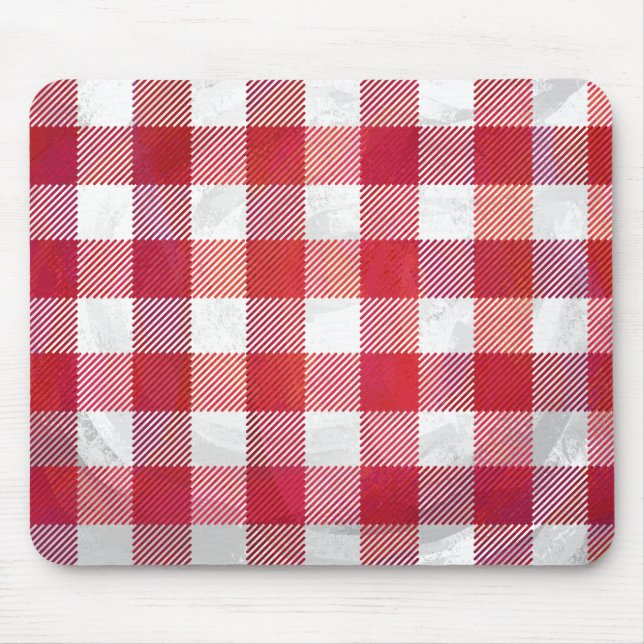 Chequered Plaid Red and White Mouse Pad (Front)