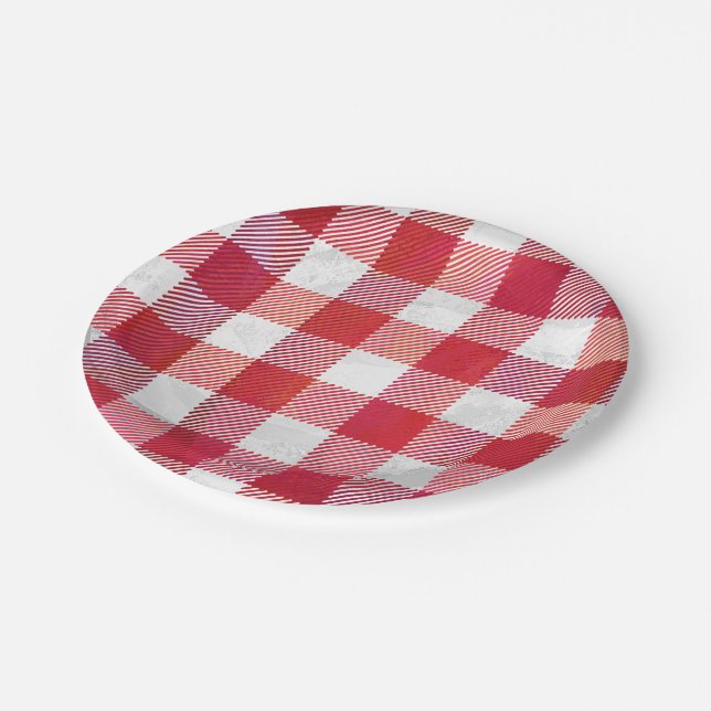 Chequered Plaid Red and White Paper Plate (Angled)