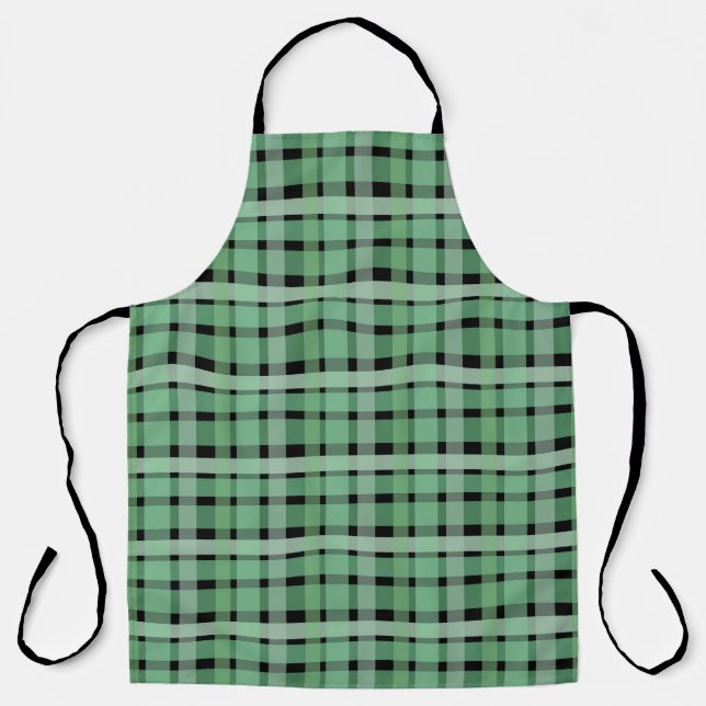 Chequered Plaid Tartan Green Stripes On Black  Apron (Front)