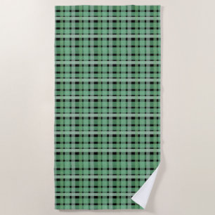 Chequered Plaid Tartan Green Stripes On Black  Beach Towel