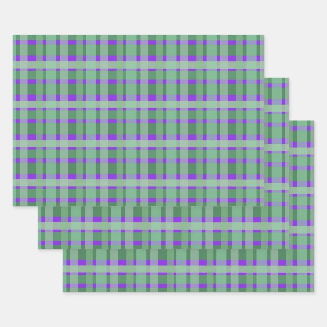 Chequered Plaid Tartan Green Stripes On Purple  Wrapping Paper Sheet (Set)