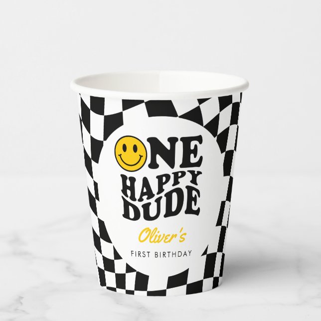 Chequered Preppy Smile One Happy Dude 1st Birthday Paper Cups (Left)