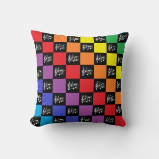 Chequered Rainbow Black and Musical Notes Cushion
