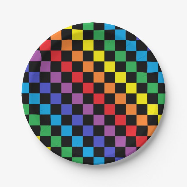 Chequered Rainbow Black Paper Plate (Front)