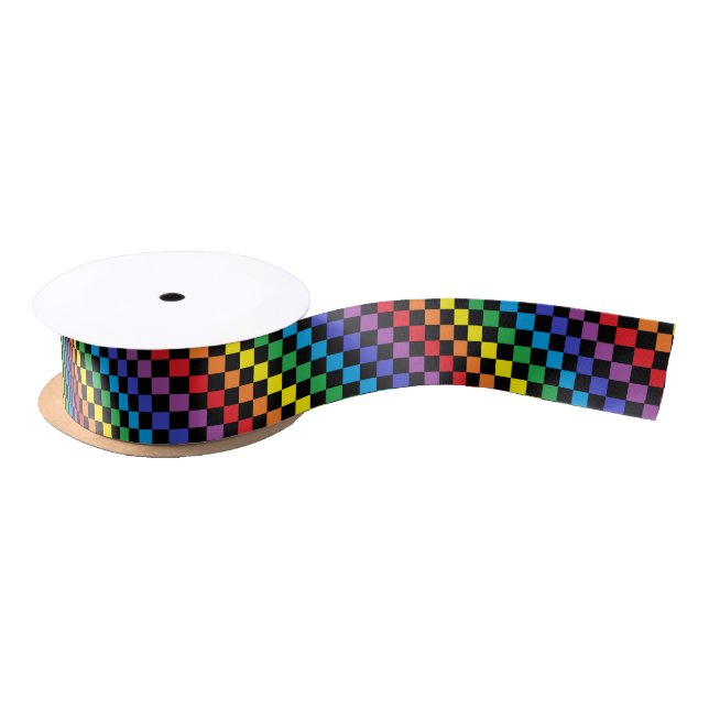 Chequered Rainbow Black Satin Ribbon (Spool)