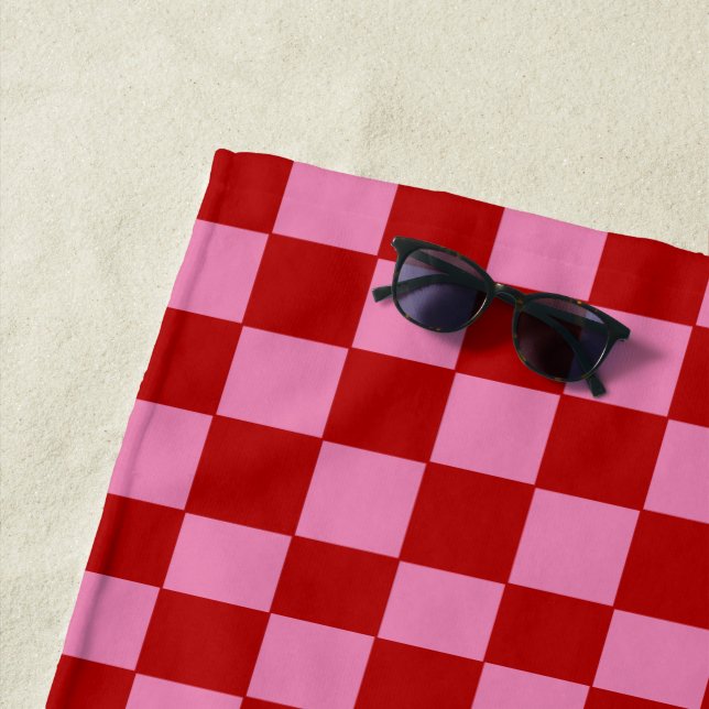 Chequered Red and Hot Pink  Beach Towel (In Situ)