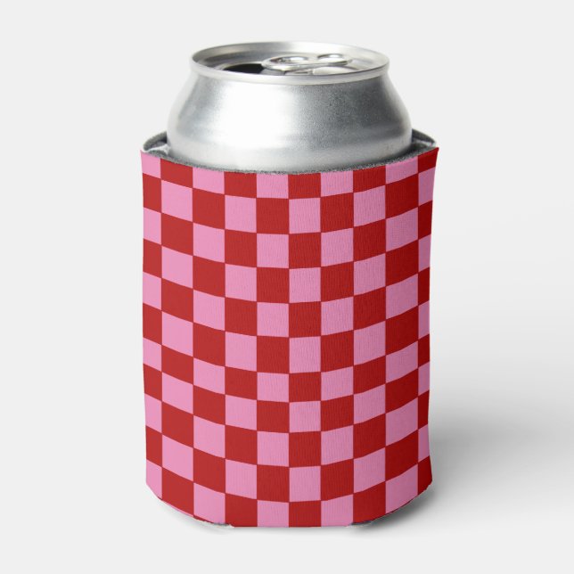 Chequered Red and Hot Pink  Can Cooler (Can Front)