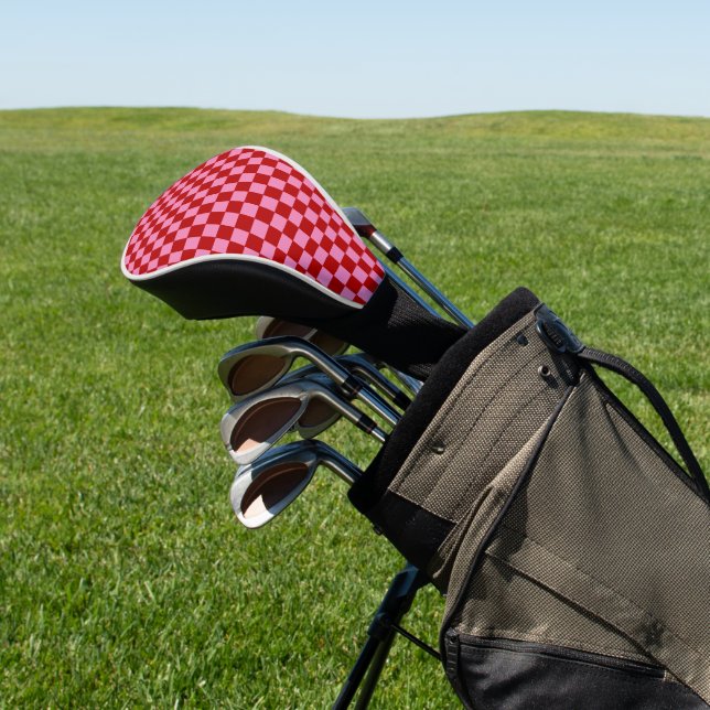 Chequered Red and Hot Pink  Golf Head Cover (In Situ)