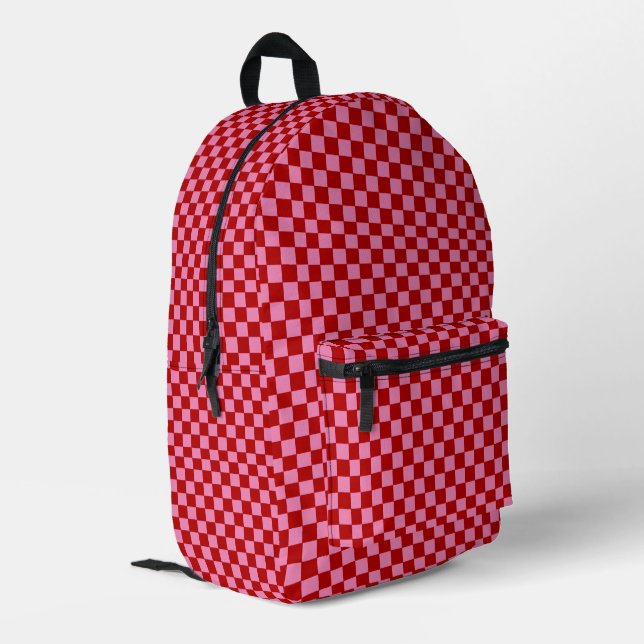Chequered Red and Hot Pink  Printed Backpack (Back Corner Left)