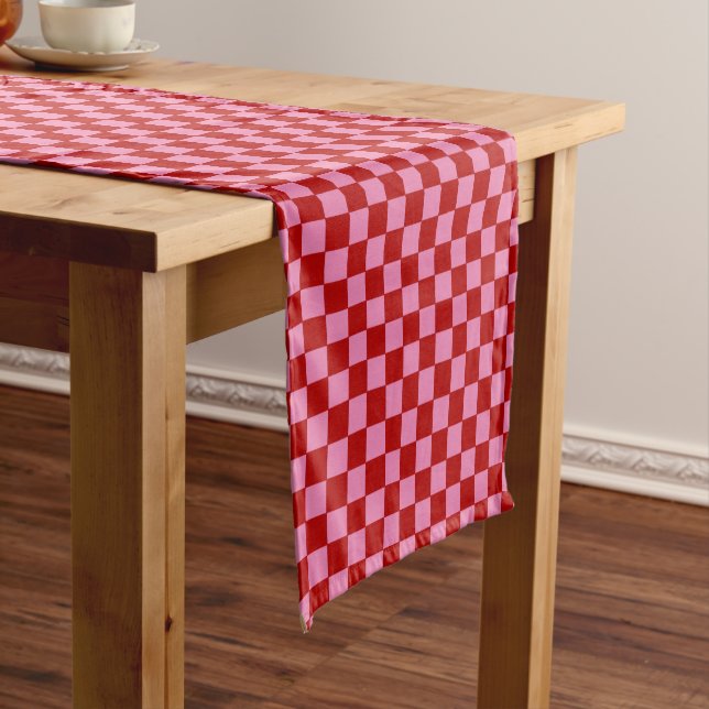 Chequered Red and Hot Pink  Short Table Runner (In Situ)