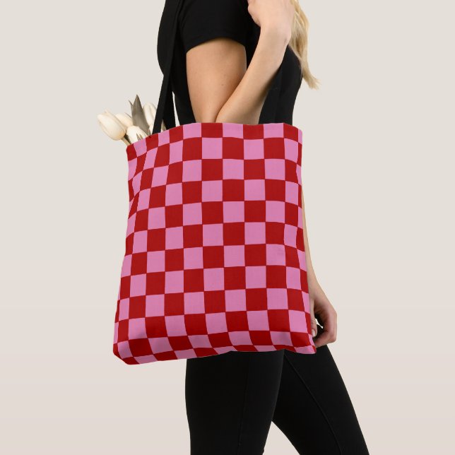 Chequered Red and Hot Pink  Tote Bag (Close Up)