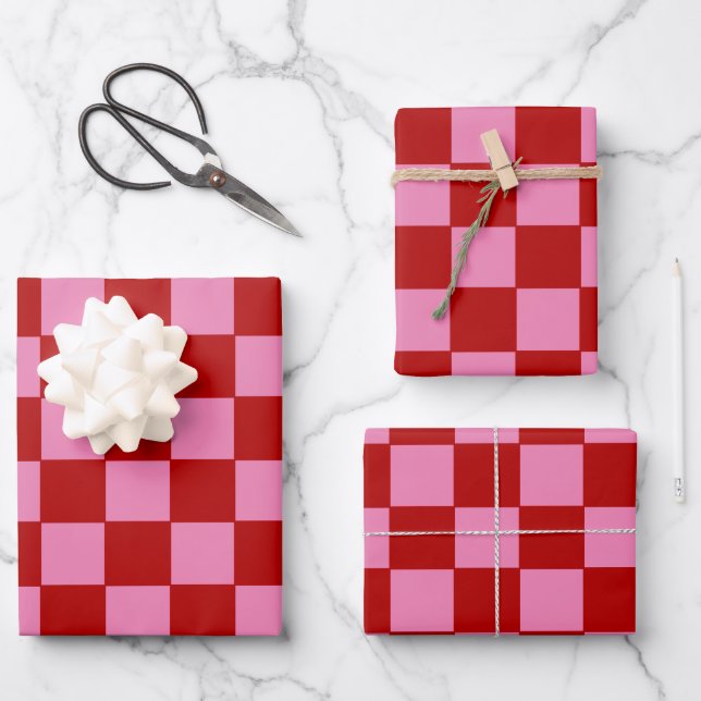 Chequered Red and Hot Pink  Wrapping Paper Sheet (Front)