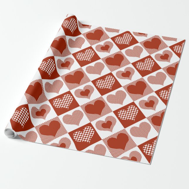 Chequered Red and White Hearts Romantic Love Wrapping Paper (Unrolled)