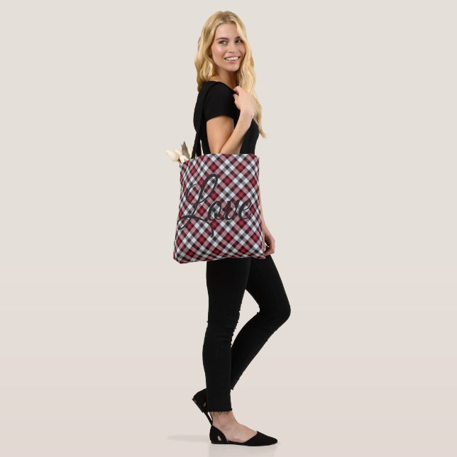 Chequered Red/Black Tote "Love" Bag (On Model)