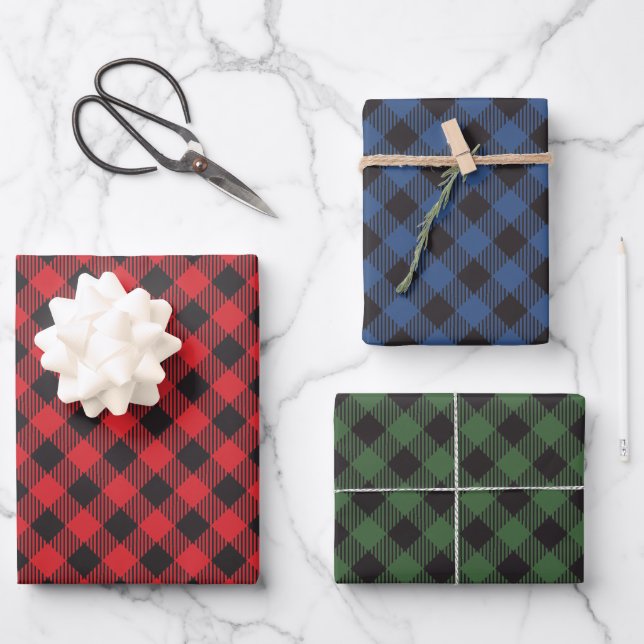 Chequered Red Blue Green Buffalo Plaid Wrapping Paper Sheet (Front)