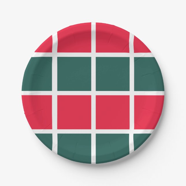 Chequered Red Green Chequered Party Paper Plate (Front)