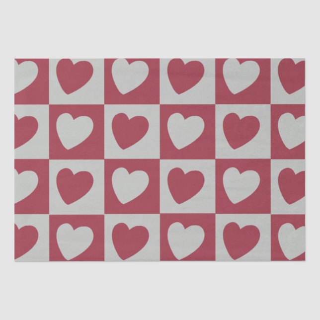 Chequered Red Grey Love Hearts Chequered Tissue Paper (Front)