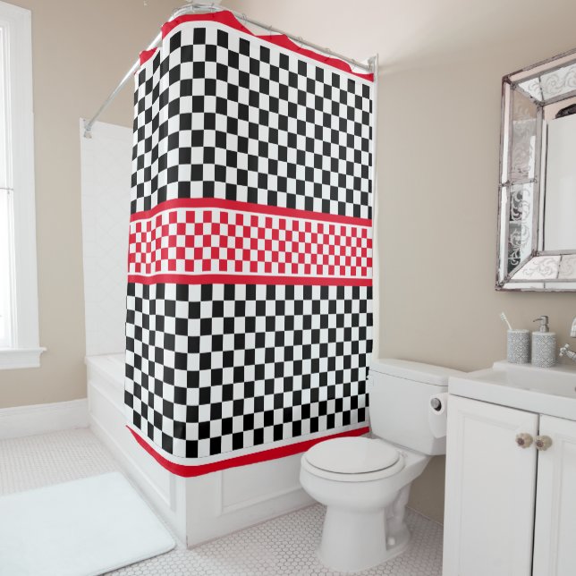 Chequered Red White Black  Shower Curtain (In Situ)