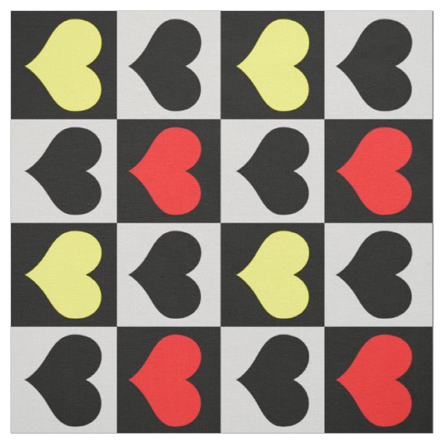 Chequered Red Yellow Black Hearts Love Fabric (Swatch)