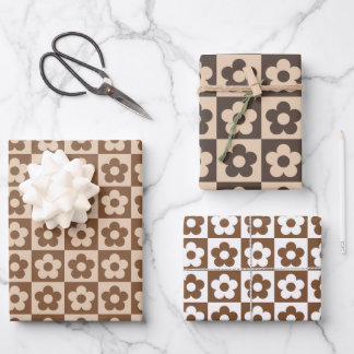 Chequered Retro Brown Beige Floral Wrapping Paper Sheet