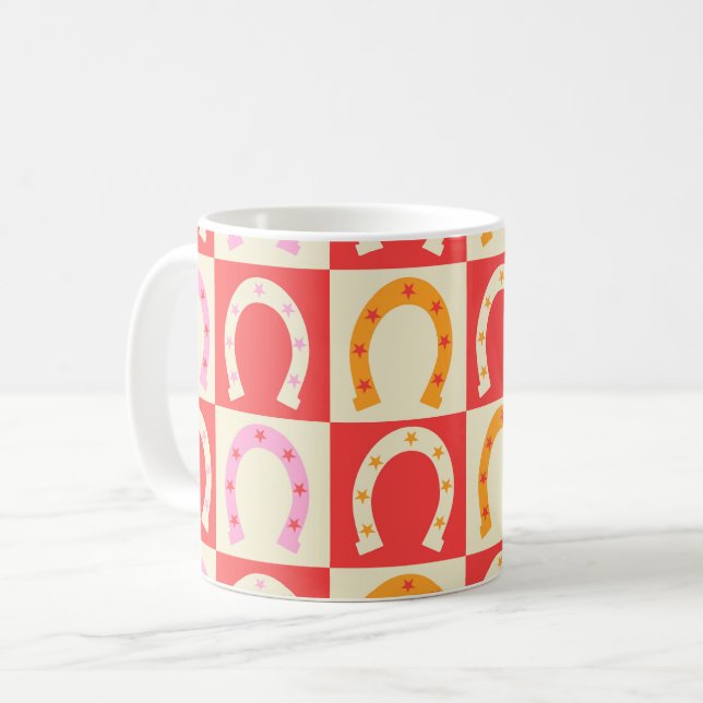 Chequered Retro Horseshoe in Orange red and Pink  Coffee Mug (Front Left)