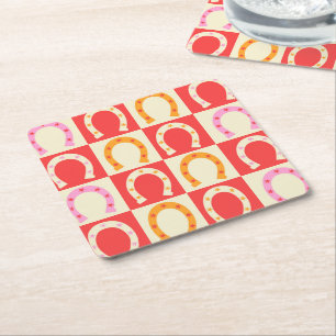 Chequered Retro Horseshoe in Orange red and Pink Square Paper Coaster