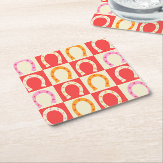 Chequered Retro Horseshoe in Orange red and Pink  Square Paper Coaster