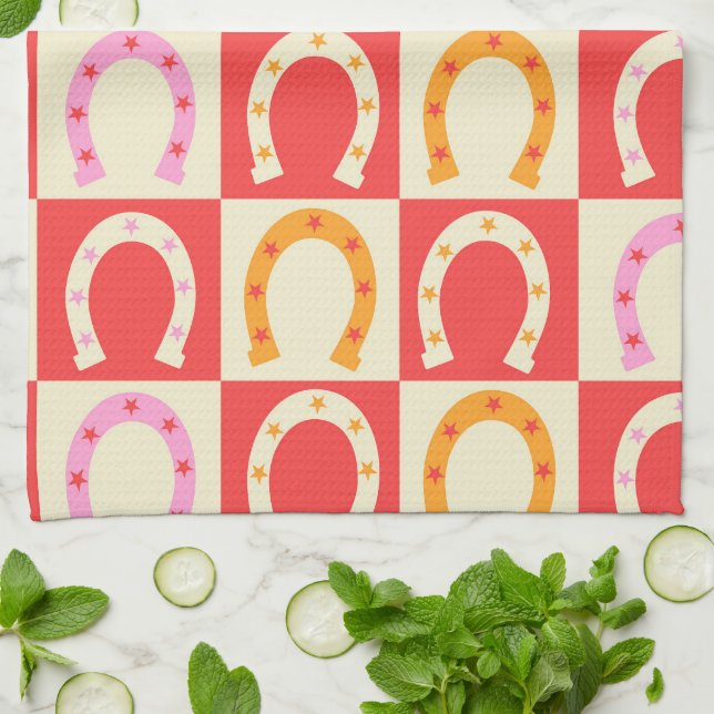 Chequered Retro Horseshoe in Orange red and Pink  Tea Towel (Folded)
