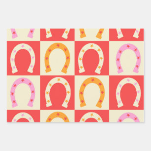 Chequered Retro Horseshoe in Orange red and Pink Wrapping Paper Sheet