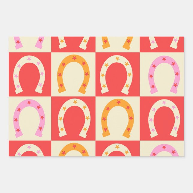 Chequered Retro Horseshoe in Orange red and Pink  Wrapping Paper Sheet (Front)