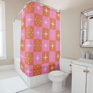 Chequered Retro Starbursts Pink and Orange  Shower Curtain