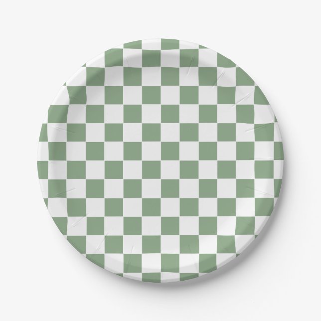 Chequered Sage Green and White Paper Plate (Front)