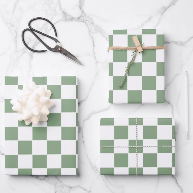 Chequered Sage Green and White Wrapping Paper Sheet (Front)