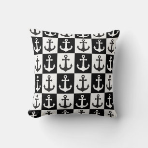 Chequered Ship Anchor Pattern - Black and White Cushion