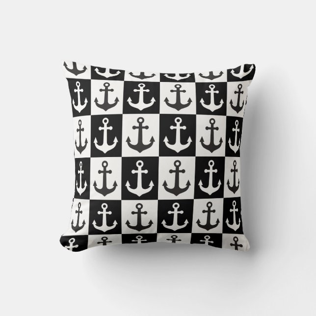 Chequered Ship Anchor Pattern - Black and White Cushion (Front)