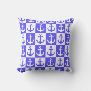 Chequered Ship Anchor Pattern - Ocean Blue Cushion