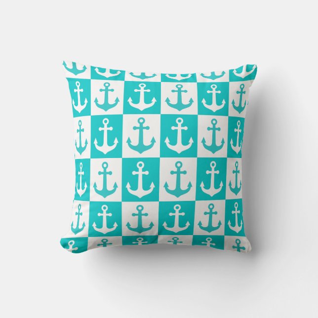 Chequered Ship Anchor Pattern - Ocean Blue  Cushion (Front)