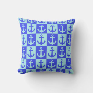 Chequered Ship Anchor Pattern - Ocean Blue Tones Cushion